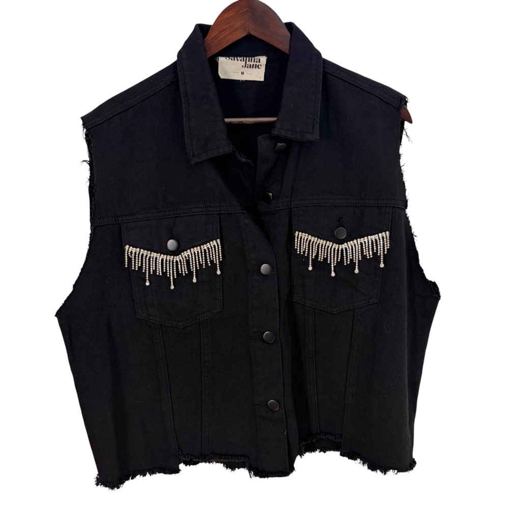 Savanna Jane Denim Vest Med Western Black Rhinestone Fringe Raw Hem Sleeveless